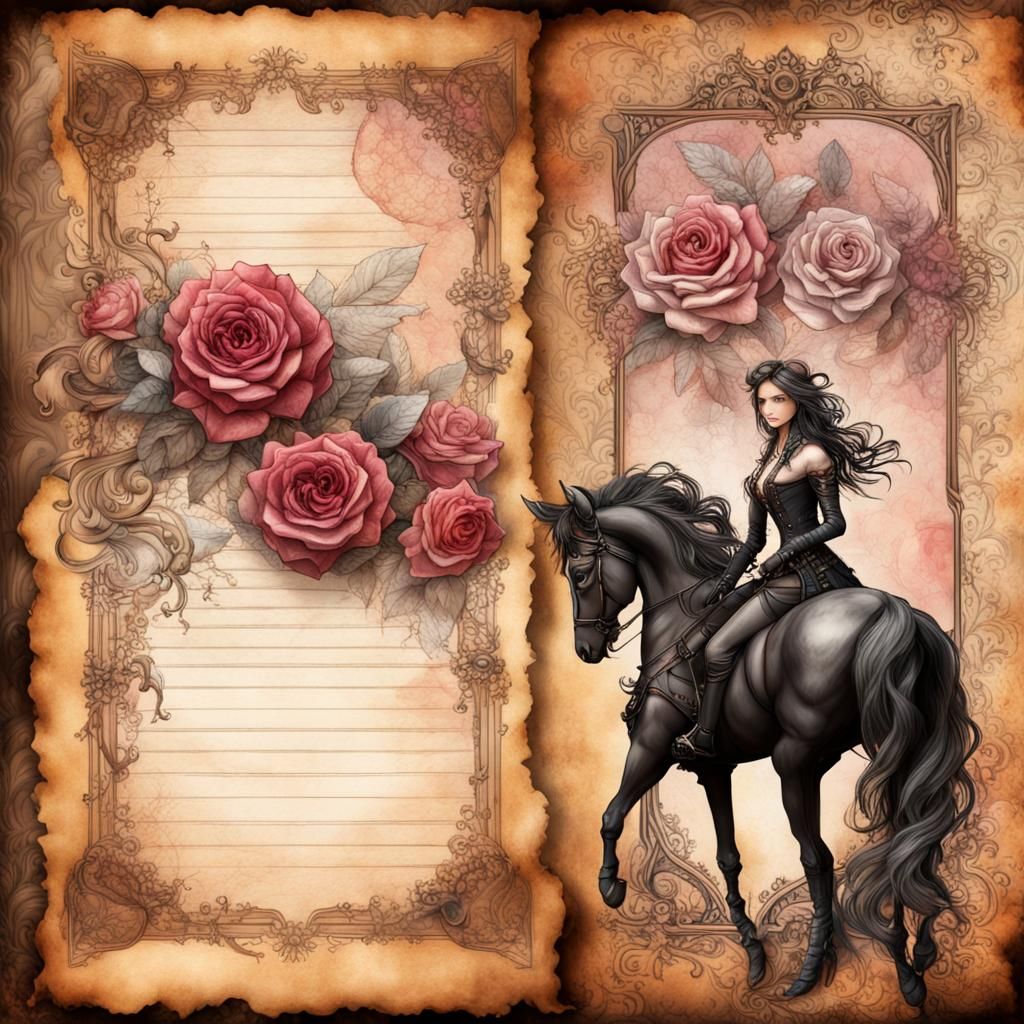 Mythical Steampunk Horses on Vintage Notebook Page