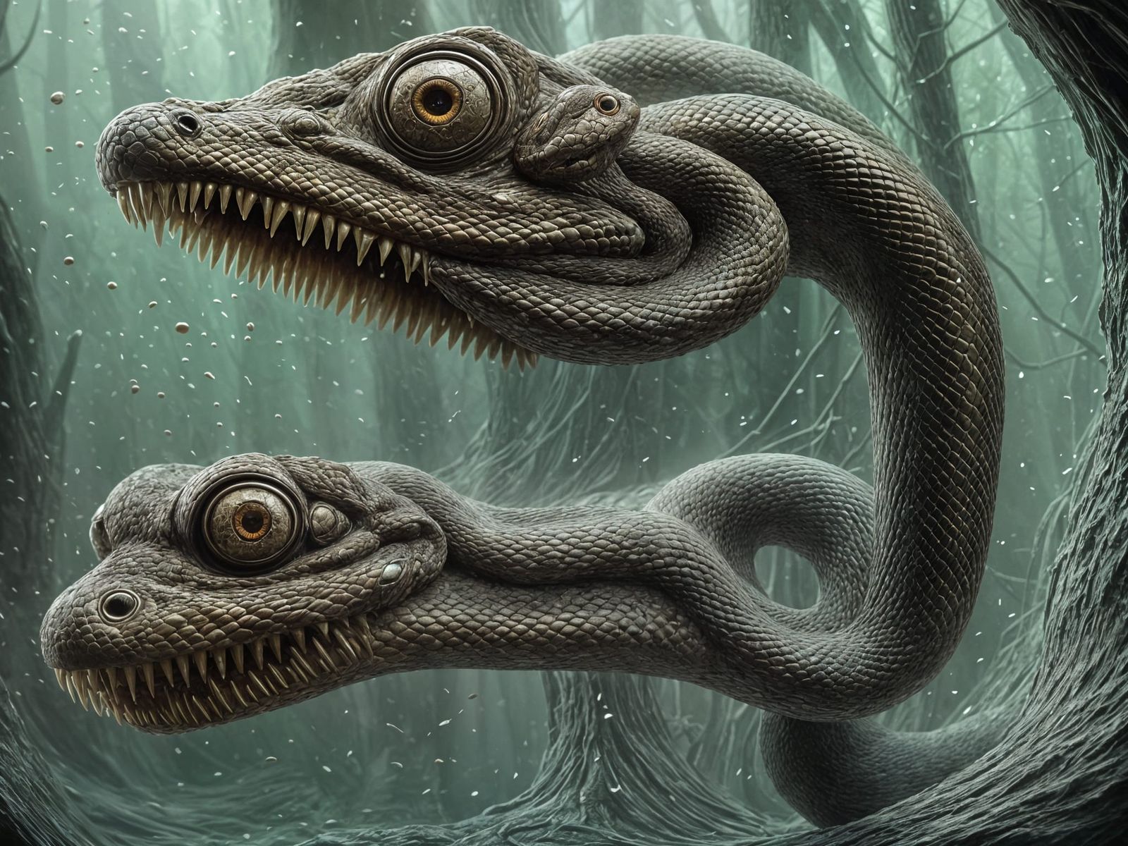 Giant Two-Headed Serpent in Dark Forest