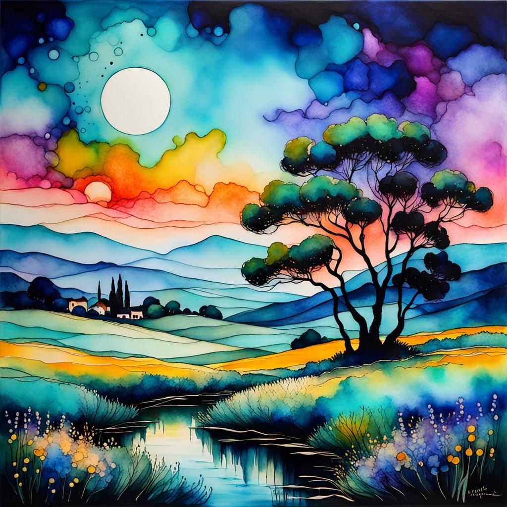 Luminous Provençal Landscape in Alcohol Ink Style