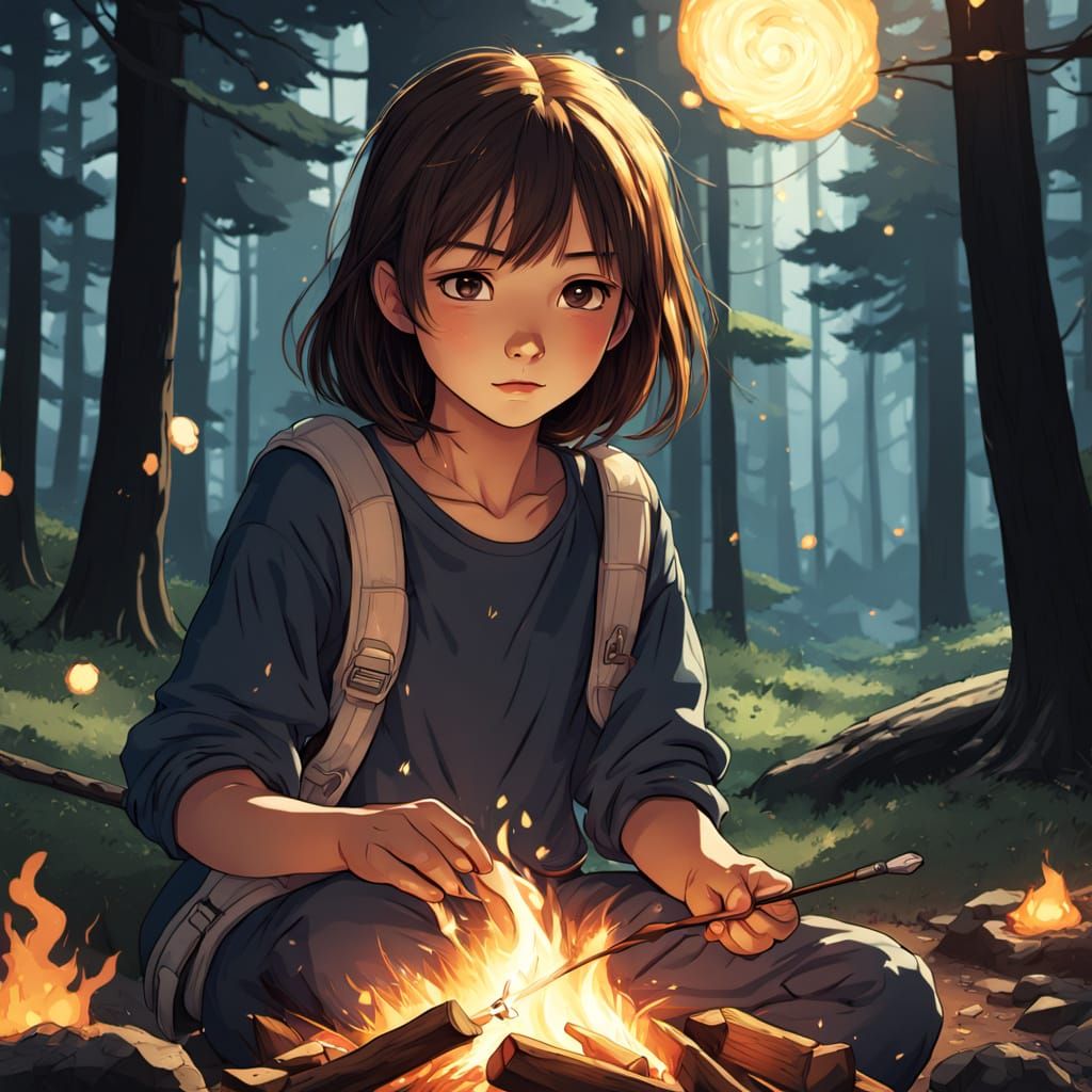 Girl Roasting Marshmallows in Anime Style