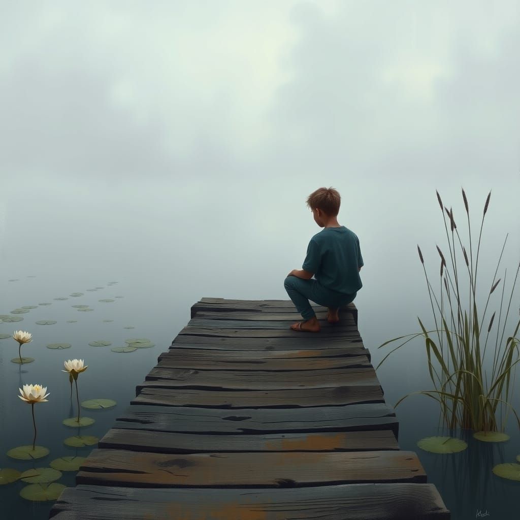 Contemplative Boy in Serene Lake Landscape
