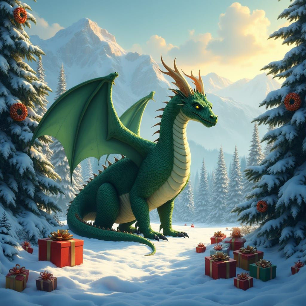 Medieval Christmas Fantasy: Green Dragon Reigns Among Snowy...