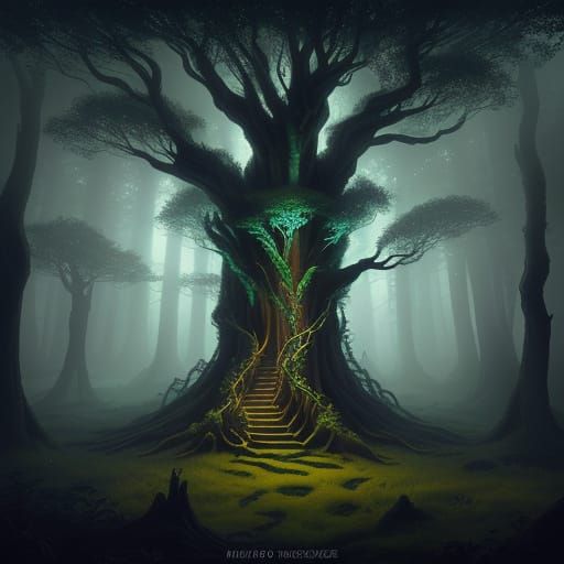 Ancient Celtic Tree in Misty Forest Digital Painting