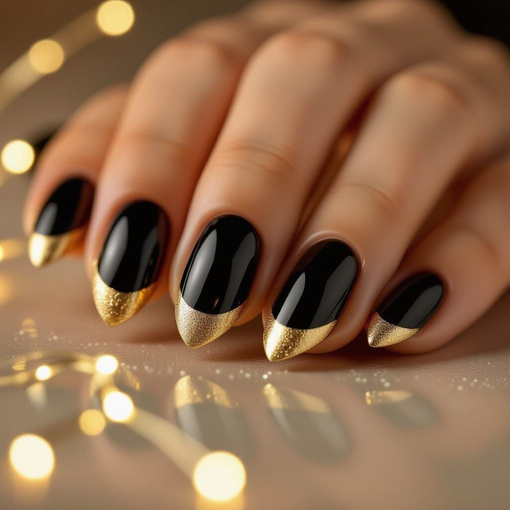 Minimalist Black Matte Nails with Golden Art Deco Accents