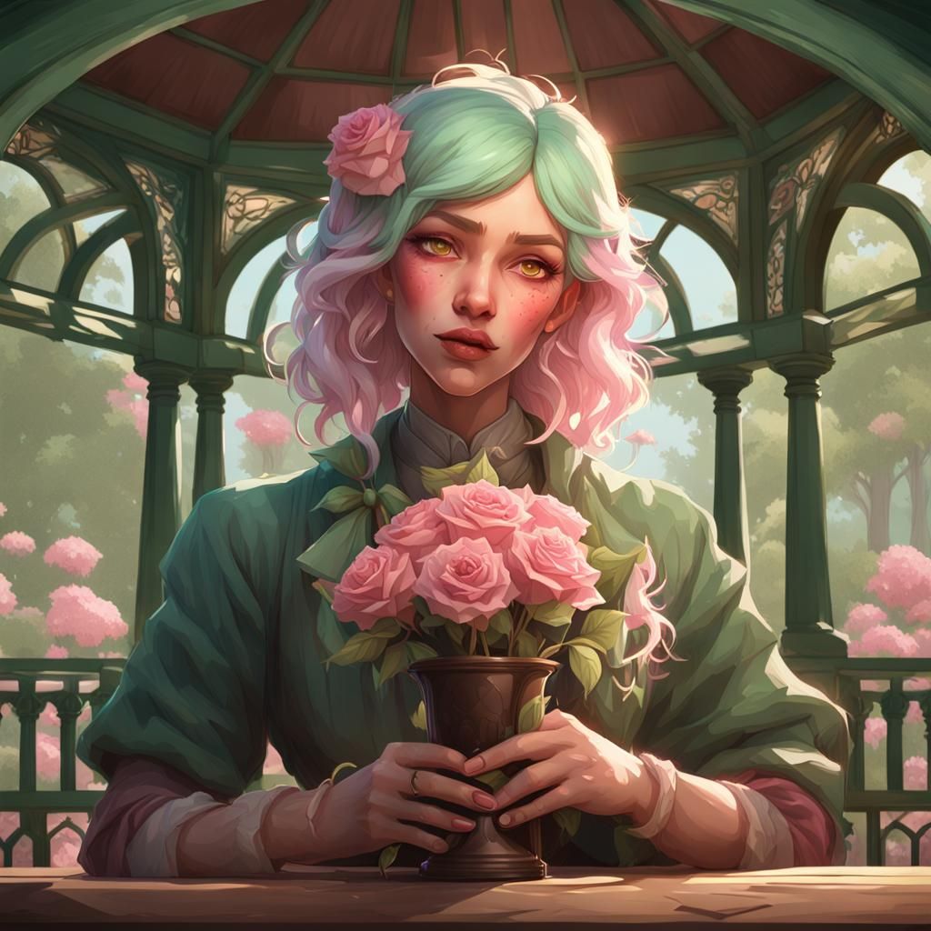 Green-Haired Woman with Rose in Gazebo Portrait