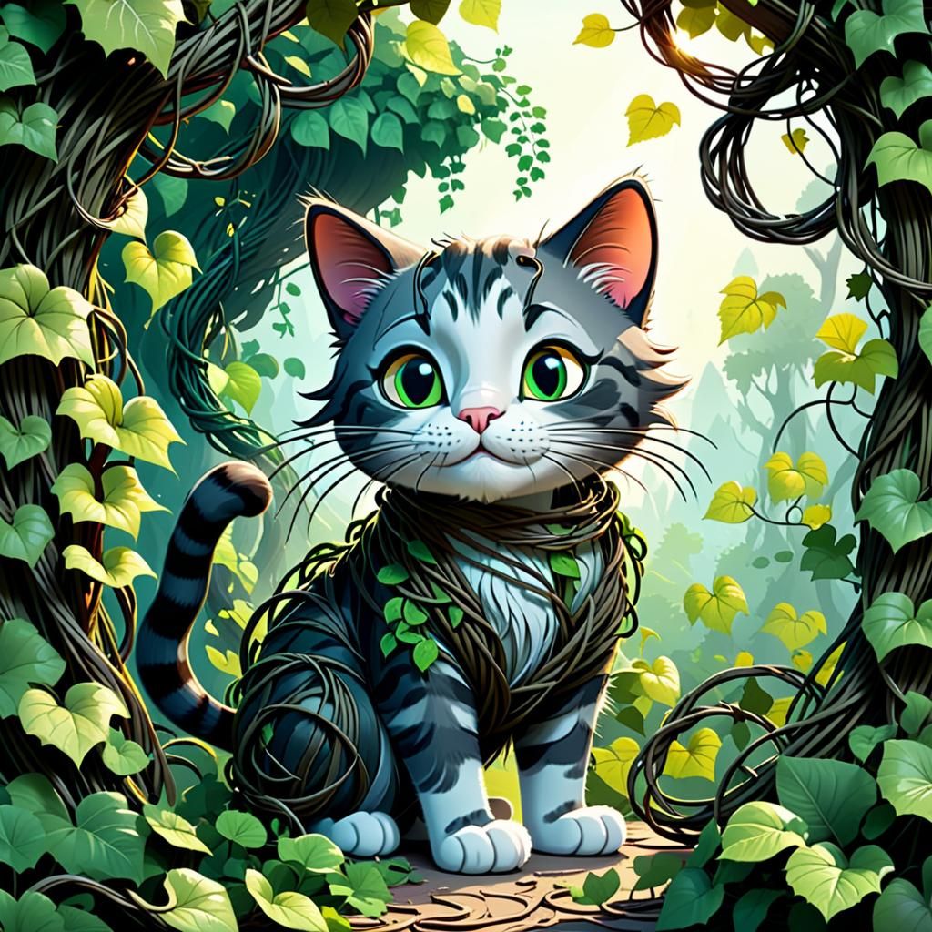 Cartoon Cat Entangled in Forest Vines