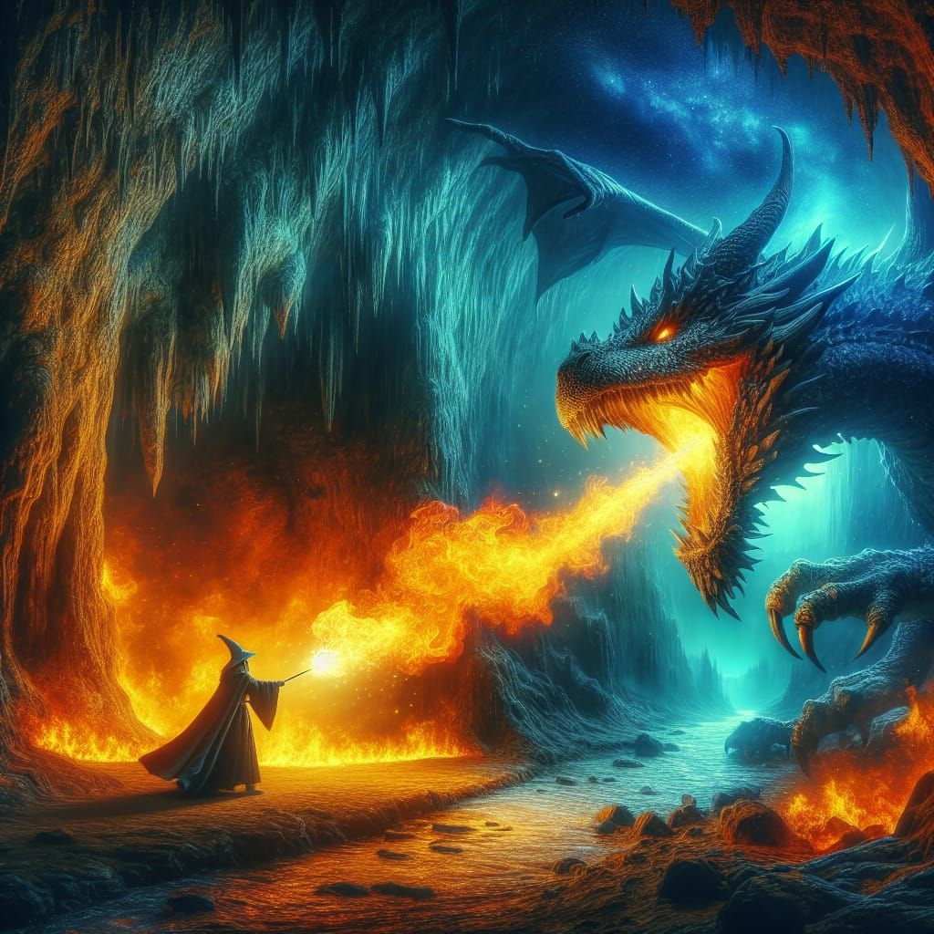 Wizard Defends Against Dragon: Fantasy Concept Art
