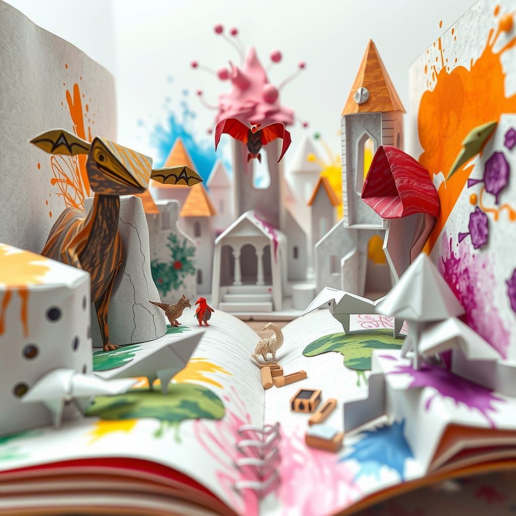 Origami City Pop-Up Book with Ink Splashes