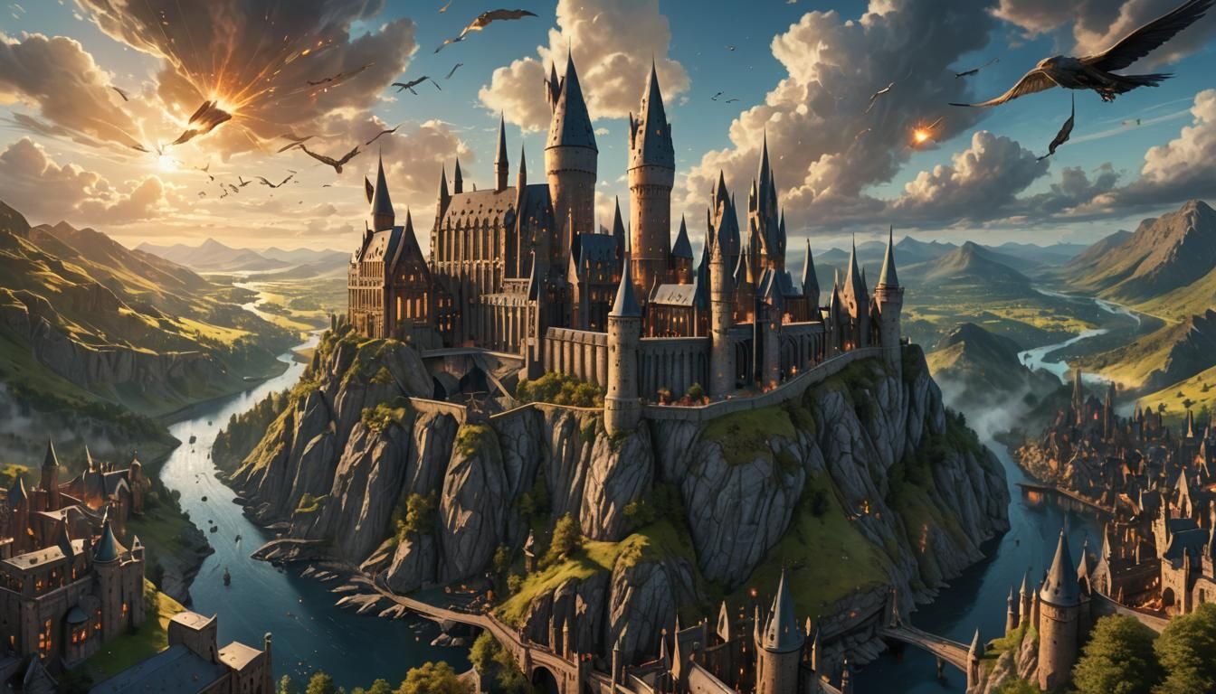 Harry Potter's kingdom, with a castle, flying books, areas with effects and magic, very perfectionist and realistic imag...