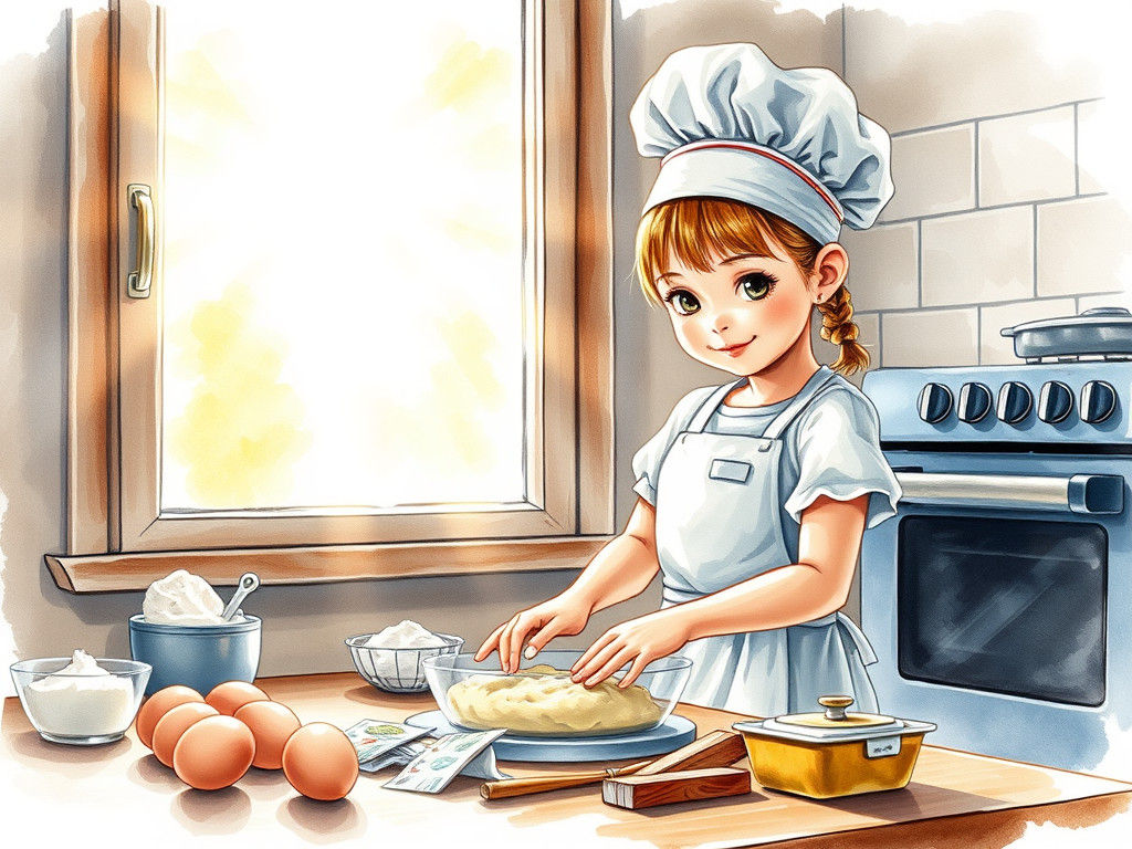 Whimsical Watercolor of Little Chef in Lively Kitchen Scene