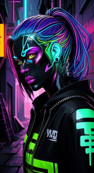 Neon Graffiti Woman Robot in Urban Stencil Style