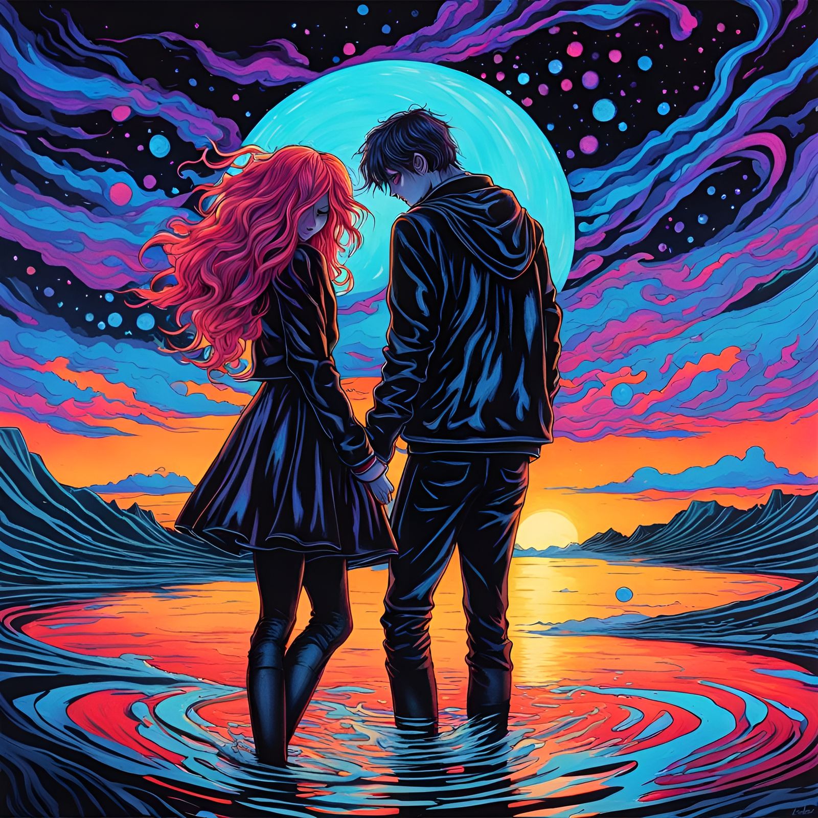 Romantic Goth Couple in Magic Realism Style