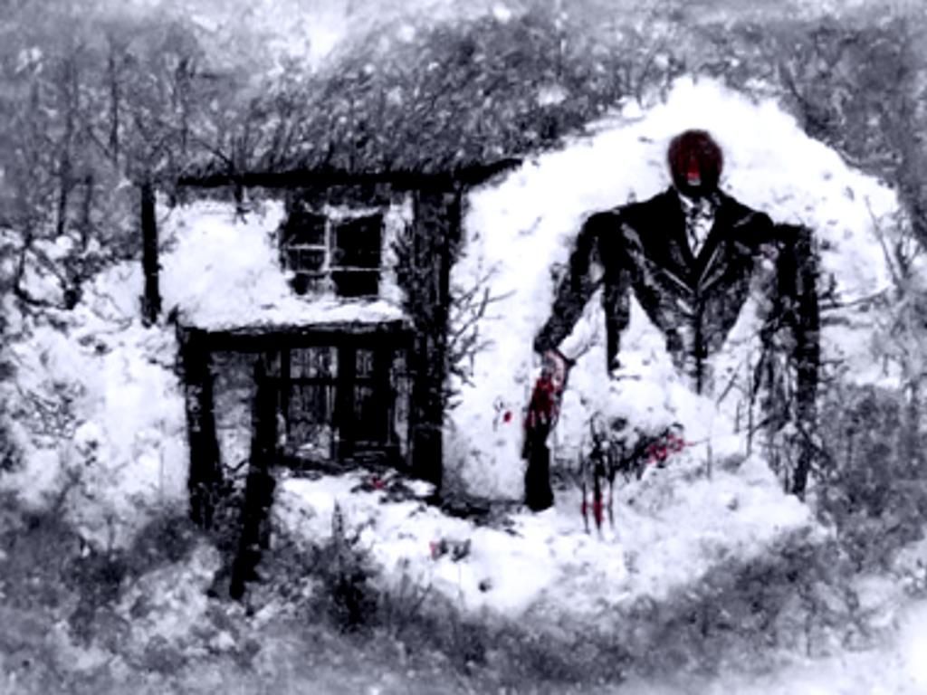 Creepy Man in Snow near Abandoned Cottage
