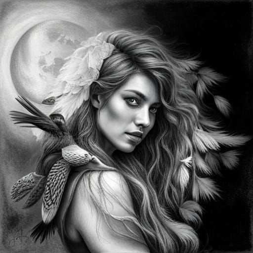 Shaman Girl, Raven, and Moon Charcoal Drawing
