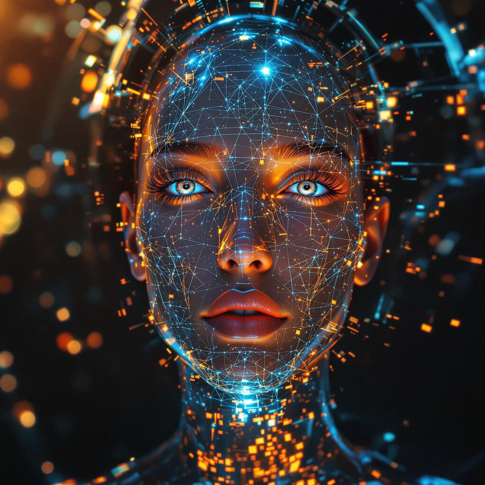 Hyperrealistic Sci-Fi Hologram Portrait in Golden Light