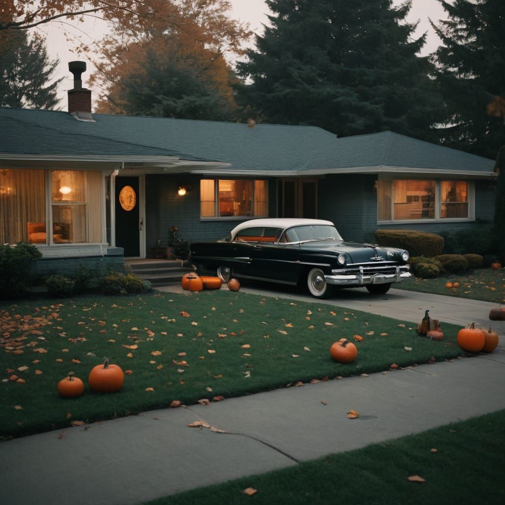 Mid-Century Modern Family Scene in Autumn