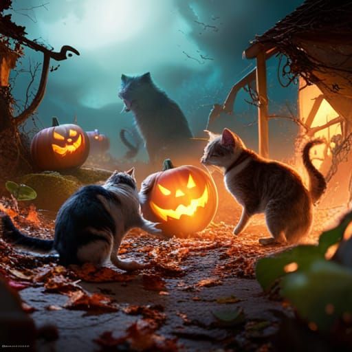 Spooky Halloween Cat Scaring Dog: Detailed Matte Painting