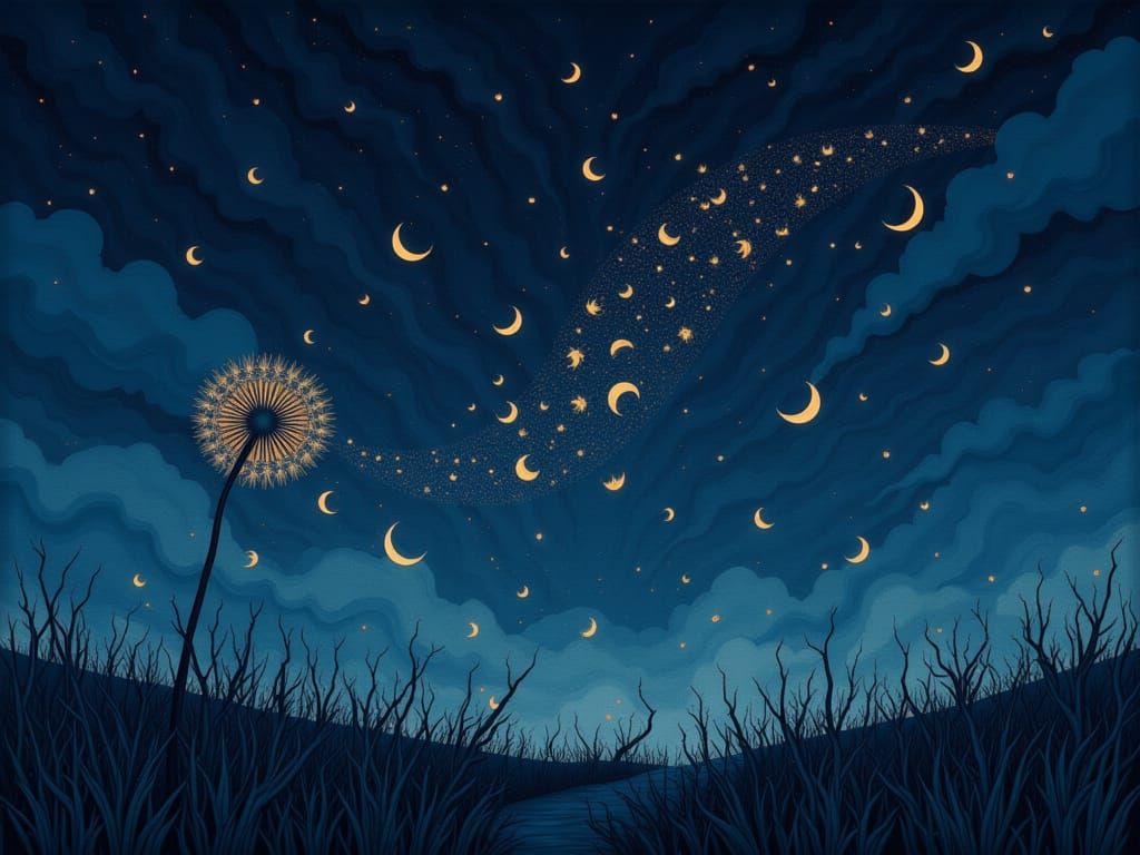 Dandelion Clock Seeds as Crescent Moons in Night Sky