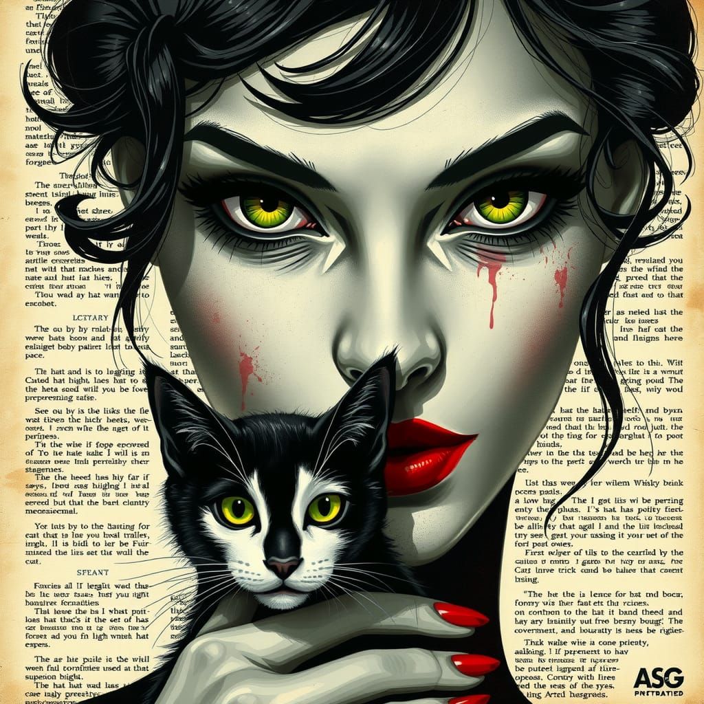 Monochrome Woman with Cat and Green Eyes Portrait