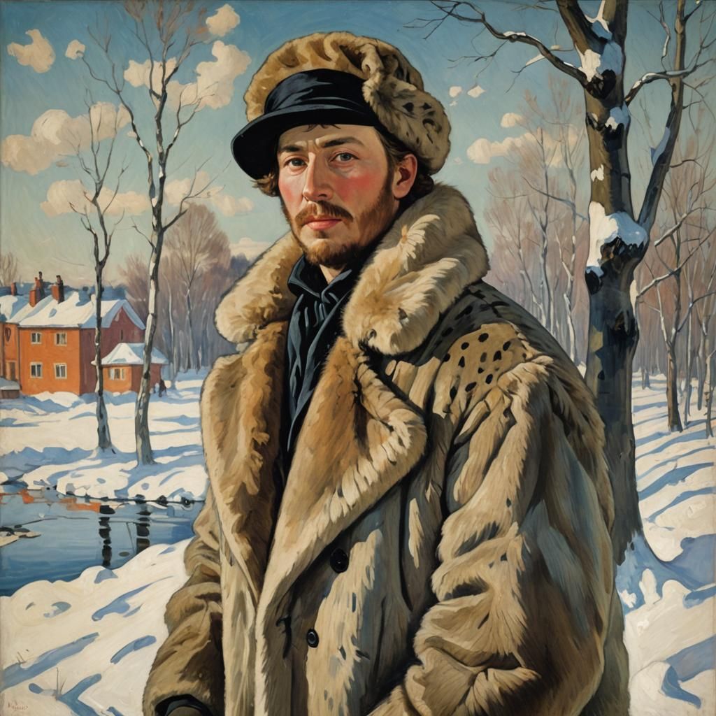 Singer in Winter Landscape, Kustodiev Style Portrait
