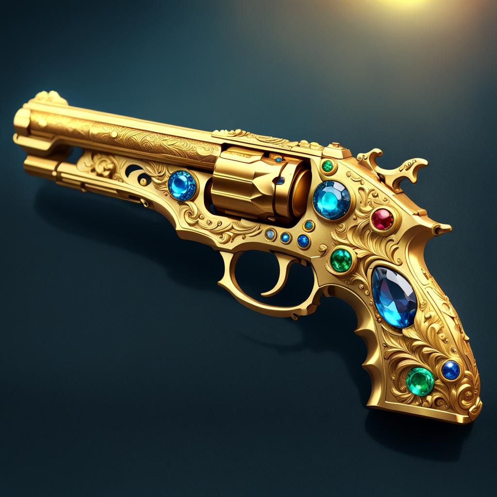 Golden Gem-Encrusted Gun in Detailed 3D Anime Style