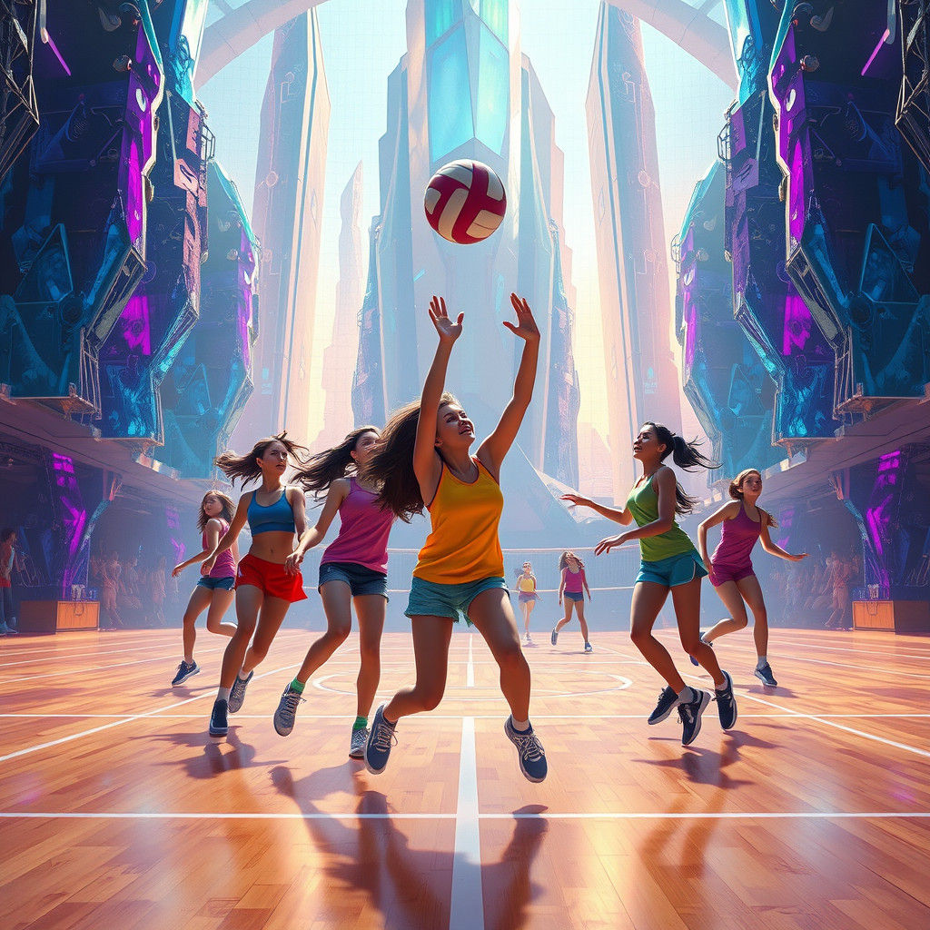 Teenage Girls Play Volleyball in Futuristic Gym