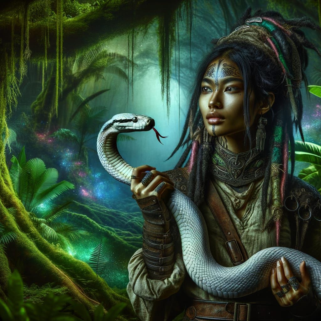 Jungle Warrior Woman With Albino Snake in Mystical Forest