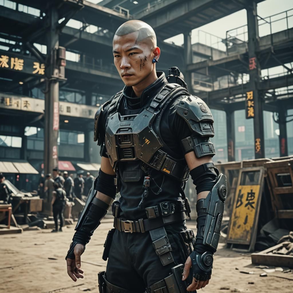 Cyberpunk Soldier in Outdoor Arena: Cinematic Film Still