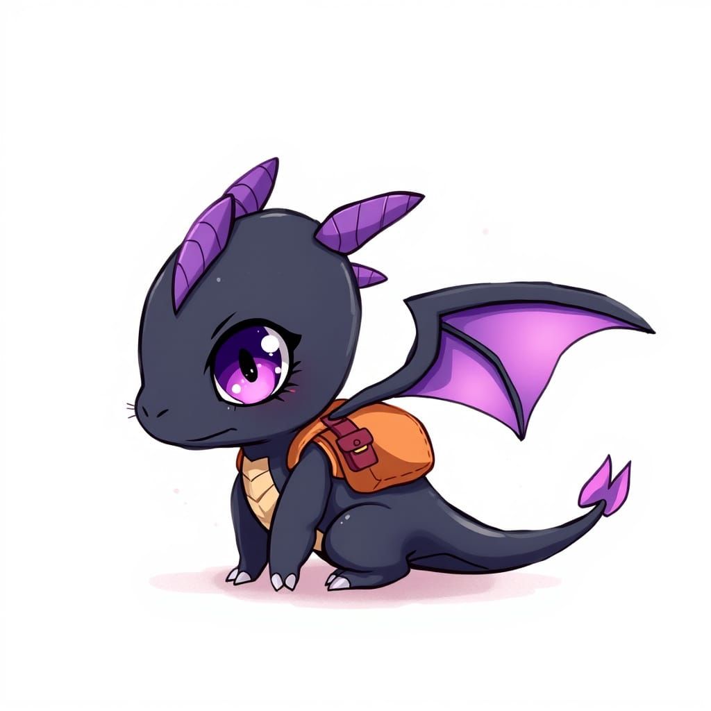 Cute Black Chibi Dragon with Backpack