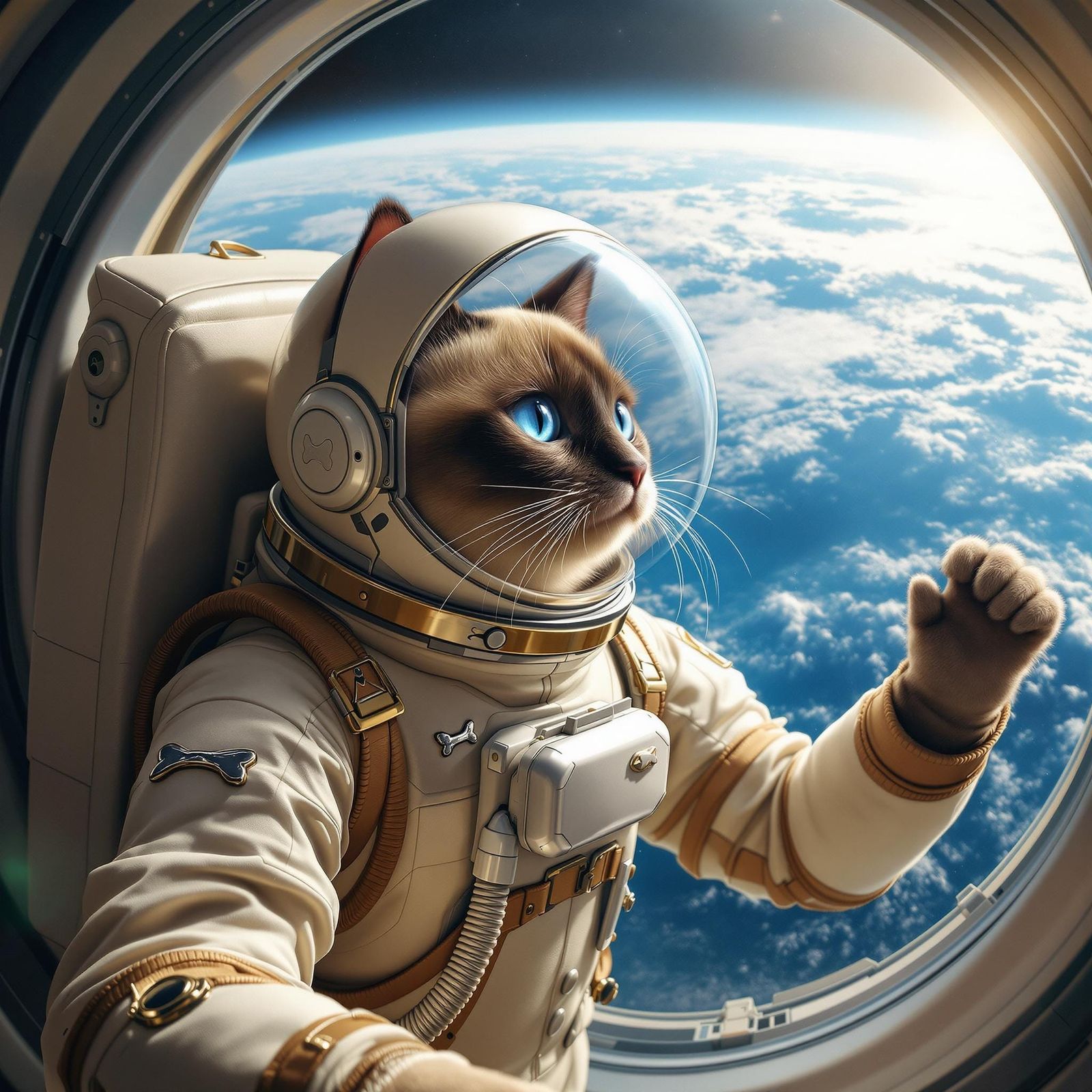 Suspended in the cupola, the Siamese cat astronaut, a veteran of several lunar missions, observes Earth. His sleek, crea...
