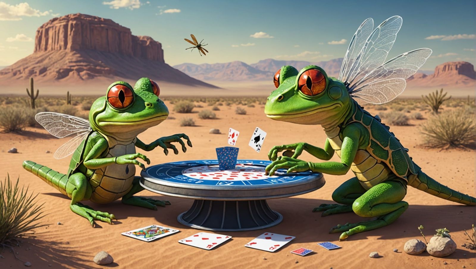 Dragonfly and Frog Play Cards in Desert Dimension