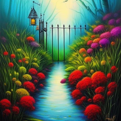 Detailed Floral Fantasy in Mixed Media Style