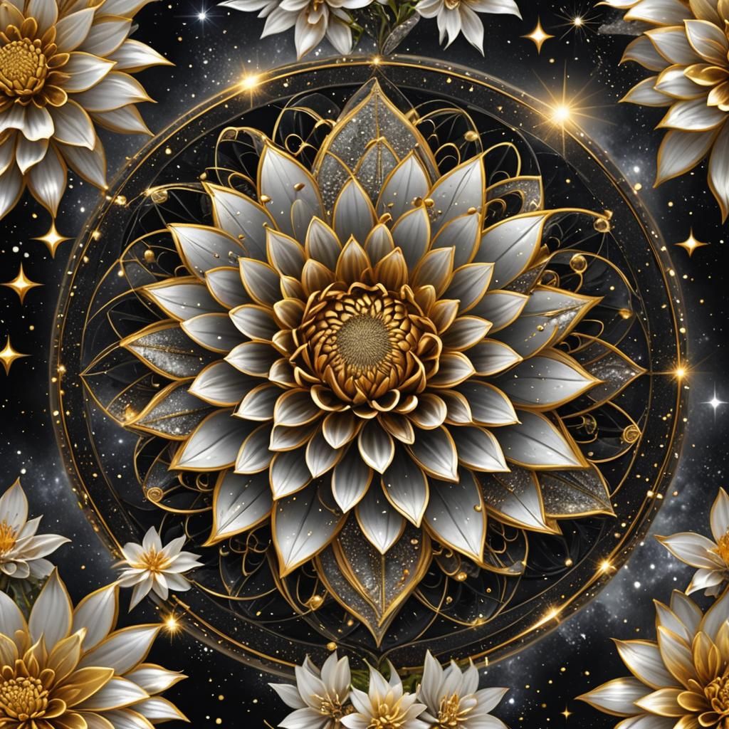 Distant Galaxy with Flower of Life in Black and Gold