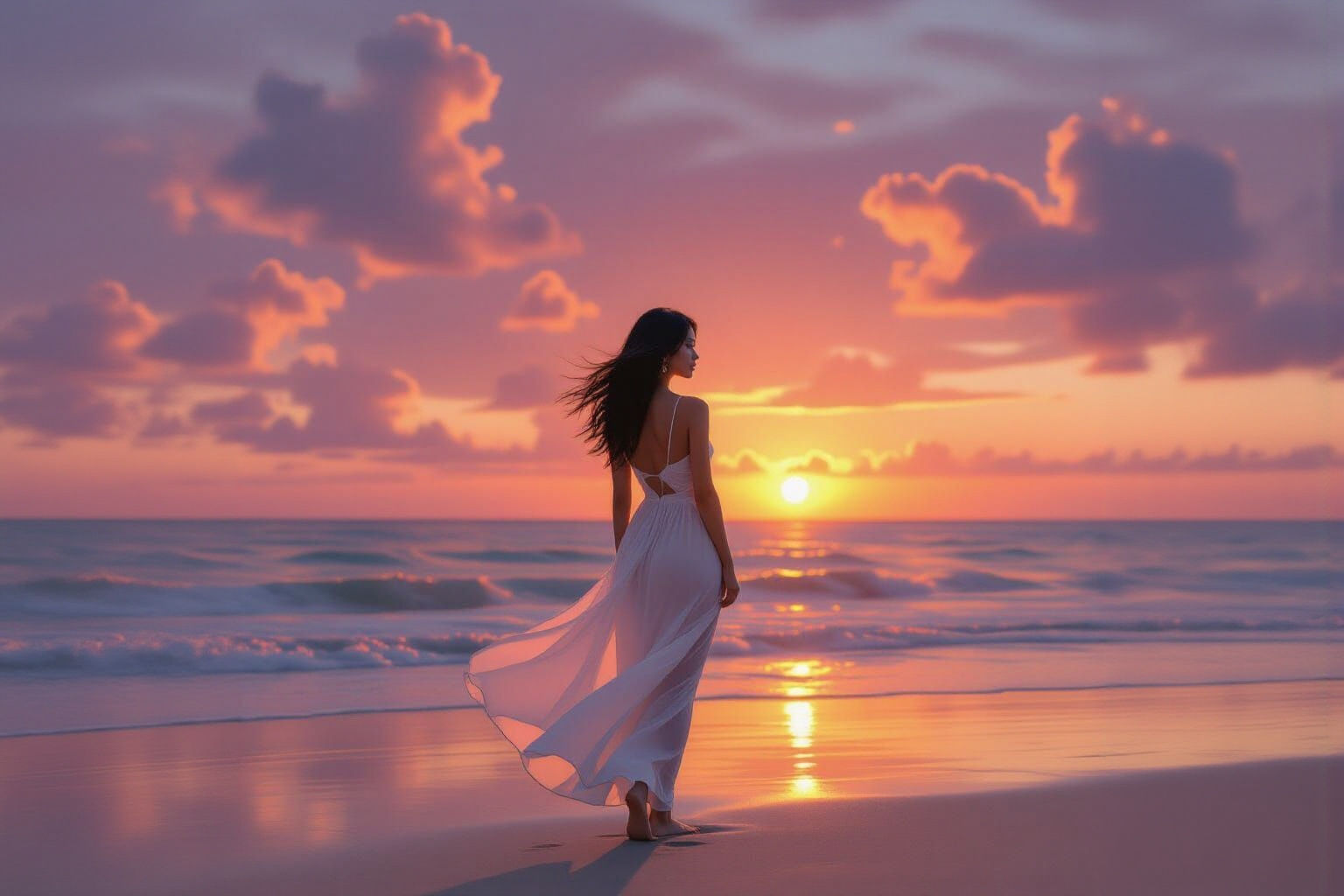 Asian Woman Silhouetted on Beach at Sunset in 8K