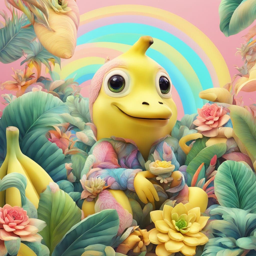 Whimsical Banana Girl in Pastel Forest