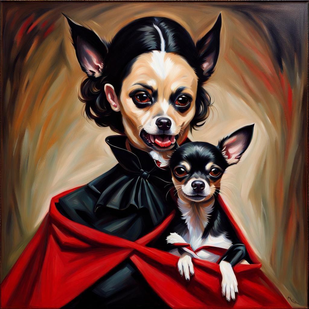Vampire Chihuahua Portrait in Oil Painting Style