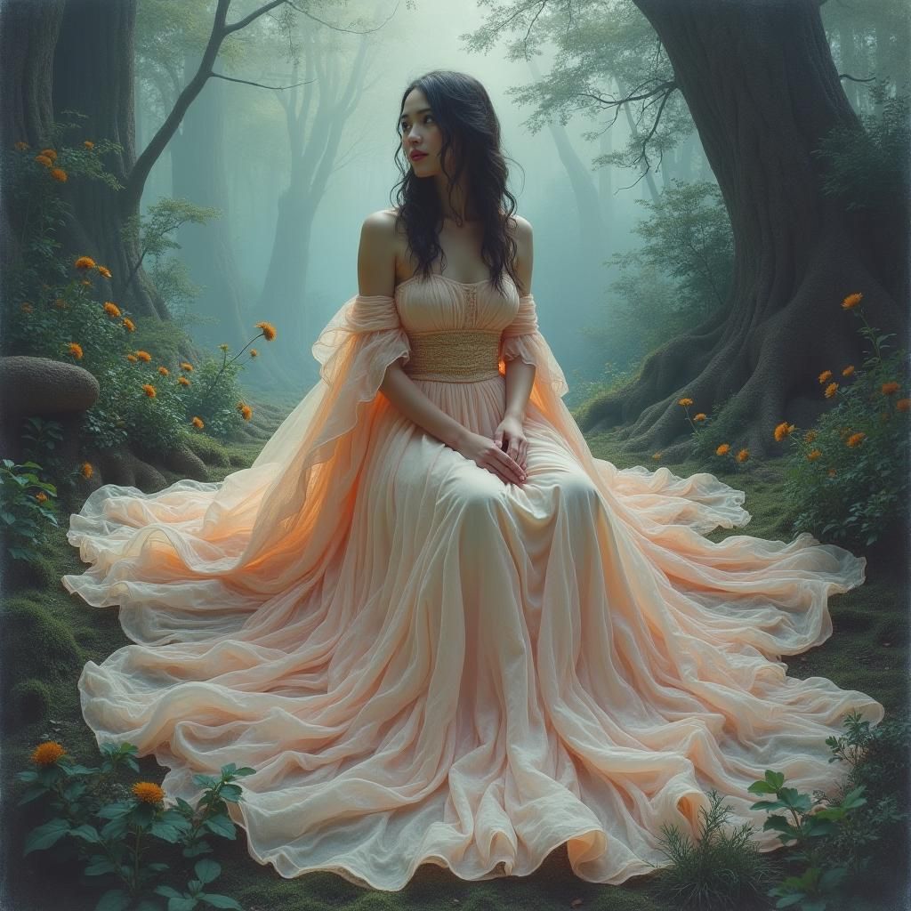 Ethereal Girl in Mystical Pencil Art Style