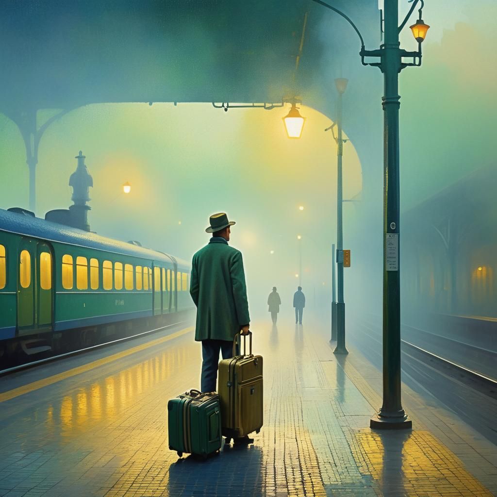Misty Train Platform in Pointillism Style