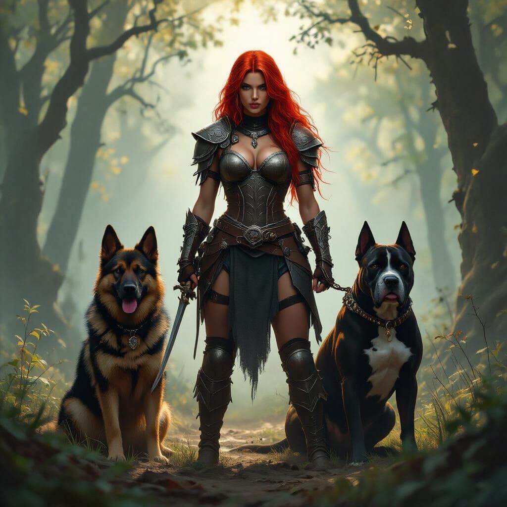 Red-Haired Warrior with Canine Companions in Misty Forest