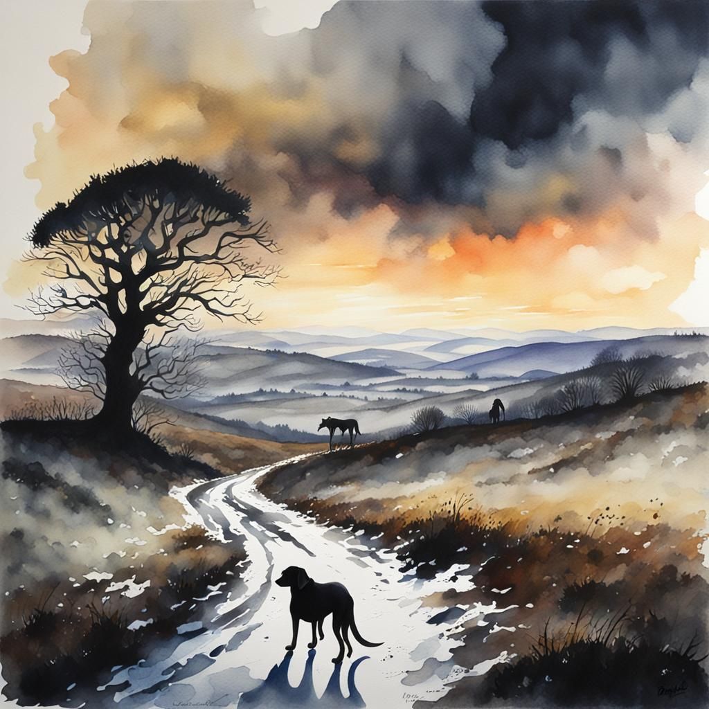 Misty Moorland Hound Watercolor at Sundown