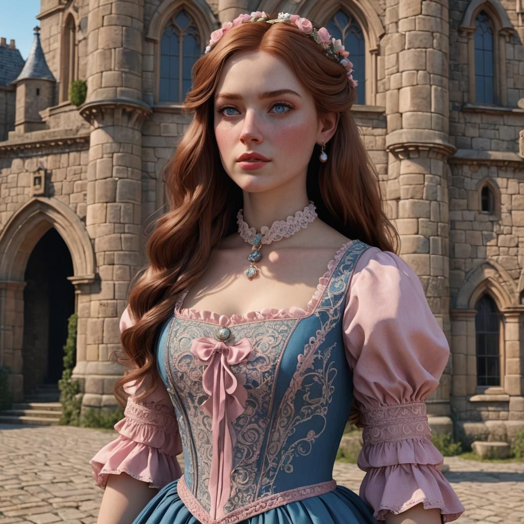 Regency Era Girl in Blue Dress with Castle