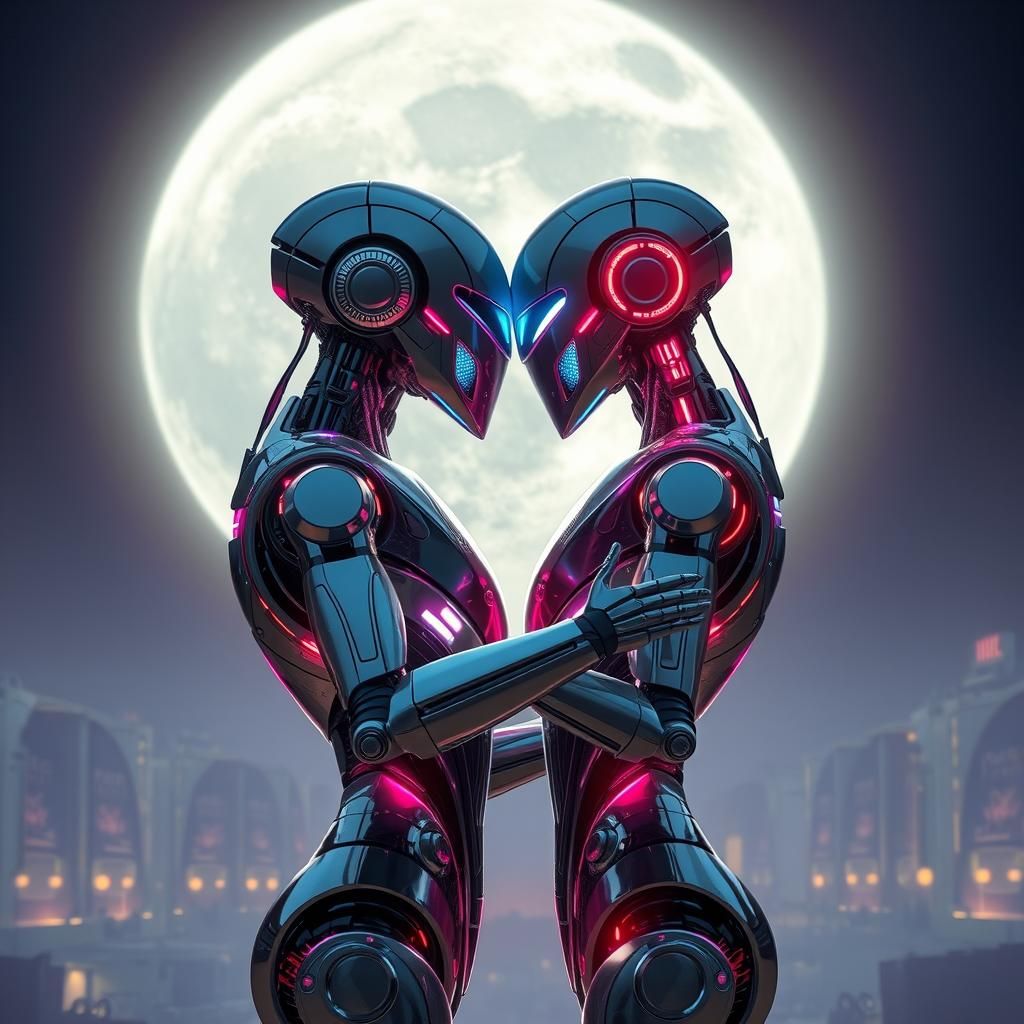 Robots' First Kiss Under Moonlit Sky in Futuristic Style