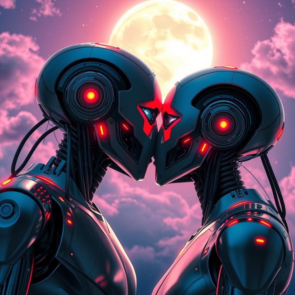 Robots' First Kiss Under Moonlit Sky in Futuristic Style