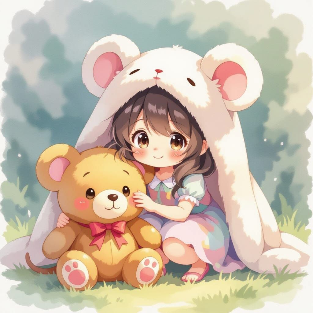 Mouse-Eared Girl Hiding Behind Plushie in Watercolor Style