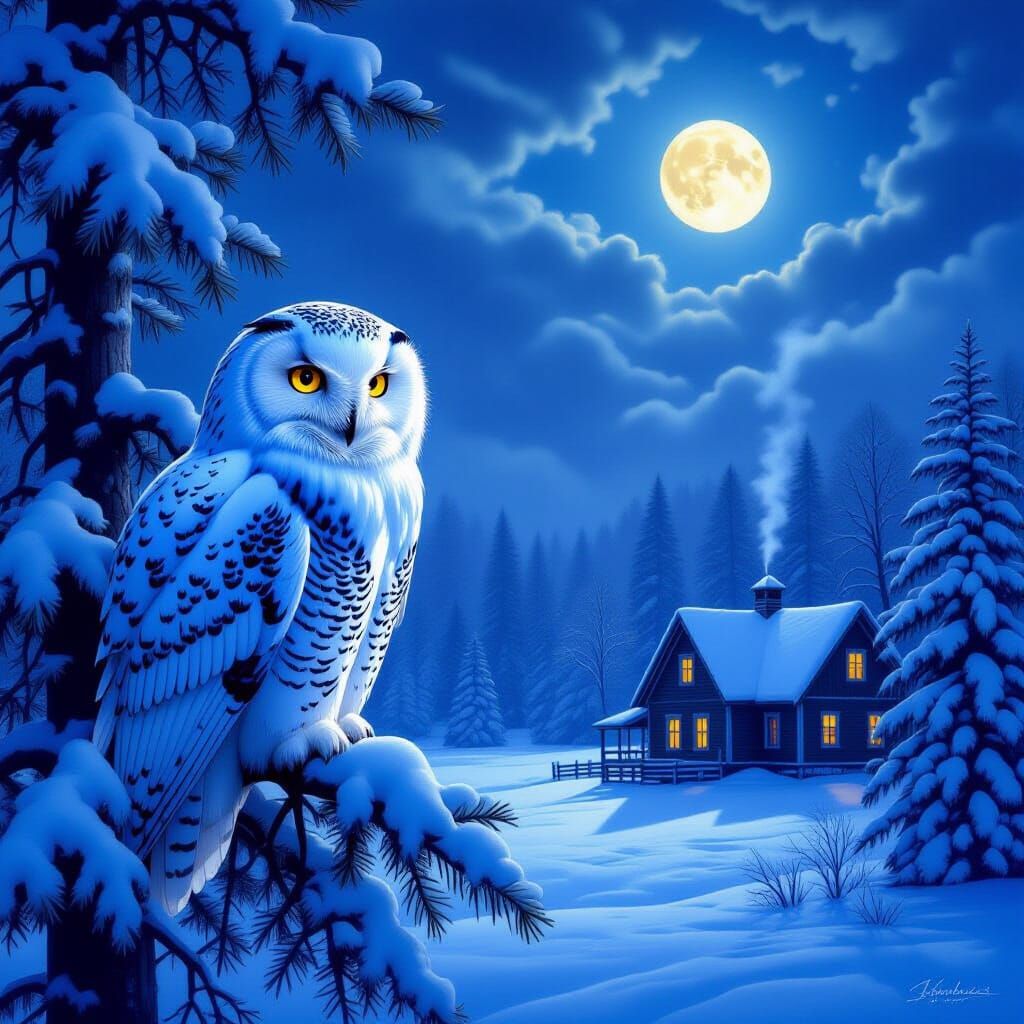 Majestic Snowy Owl Over Farmstead