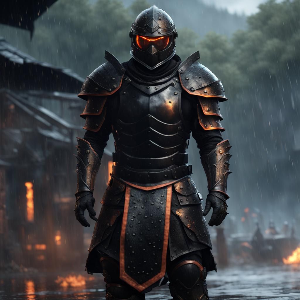 Warrior in Black Armor Amidst Burning Town