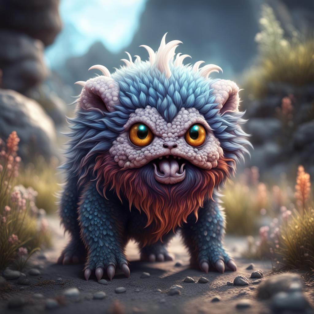Cute Fluffy Creature Eats Gravel: Fantasy Concept Art