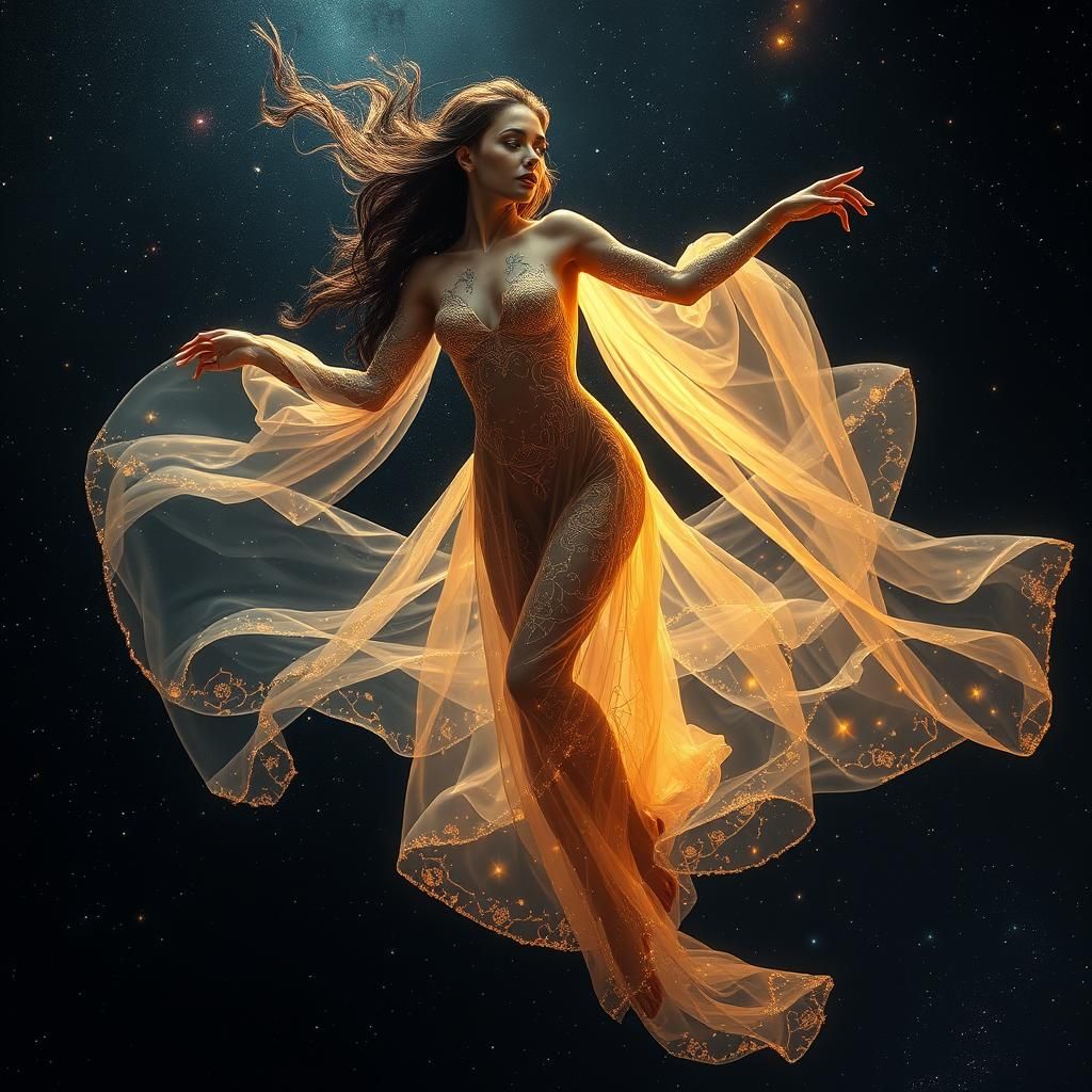 Celestial Woman Dancing in Space with Star Tattoos