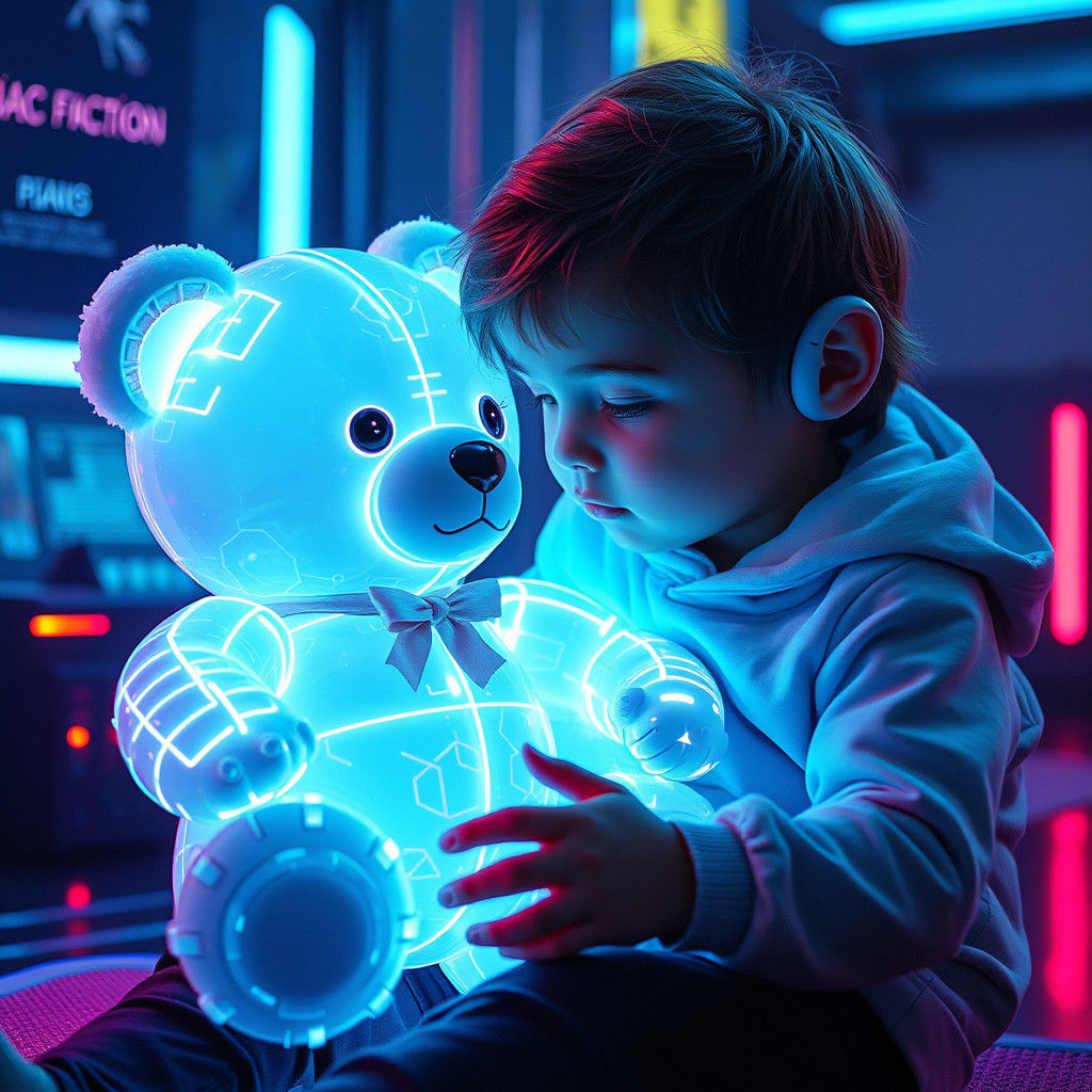 Child's Cyberpunk Friendship with Luminous Teddy Bear