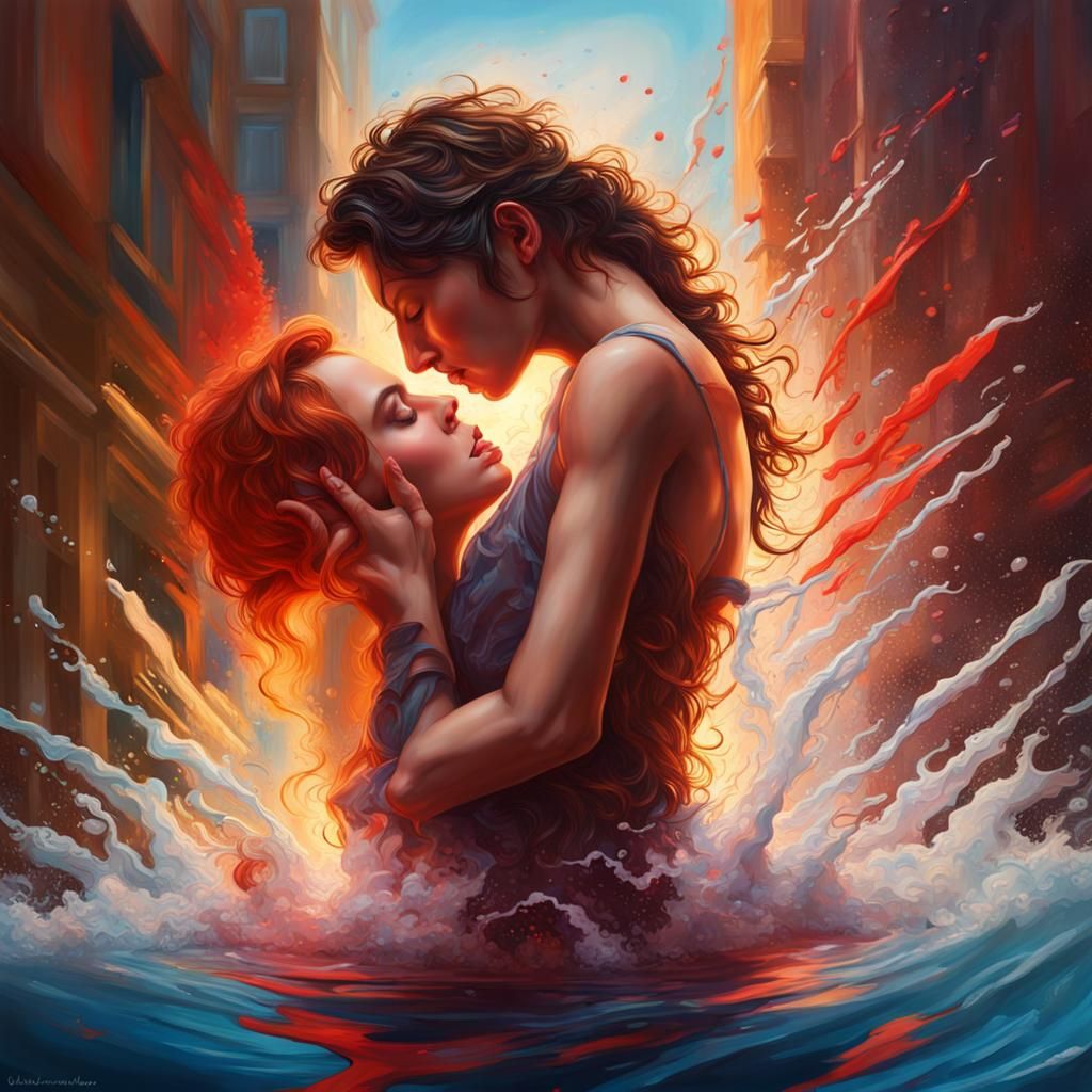 Dramatic Forbidden Love in Hyperrealistic Splash Art